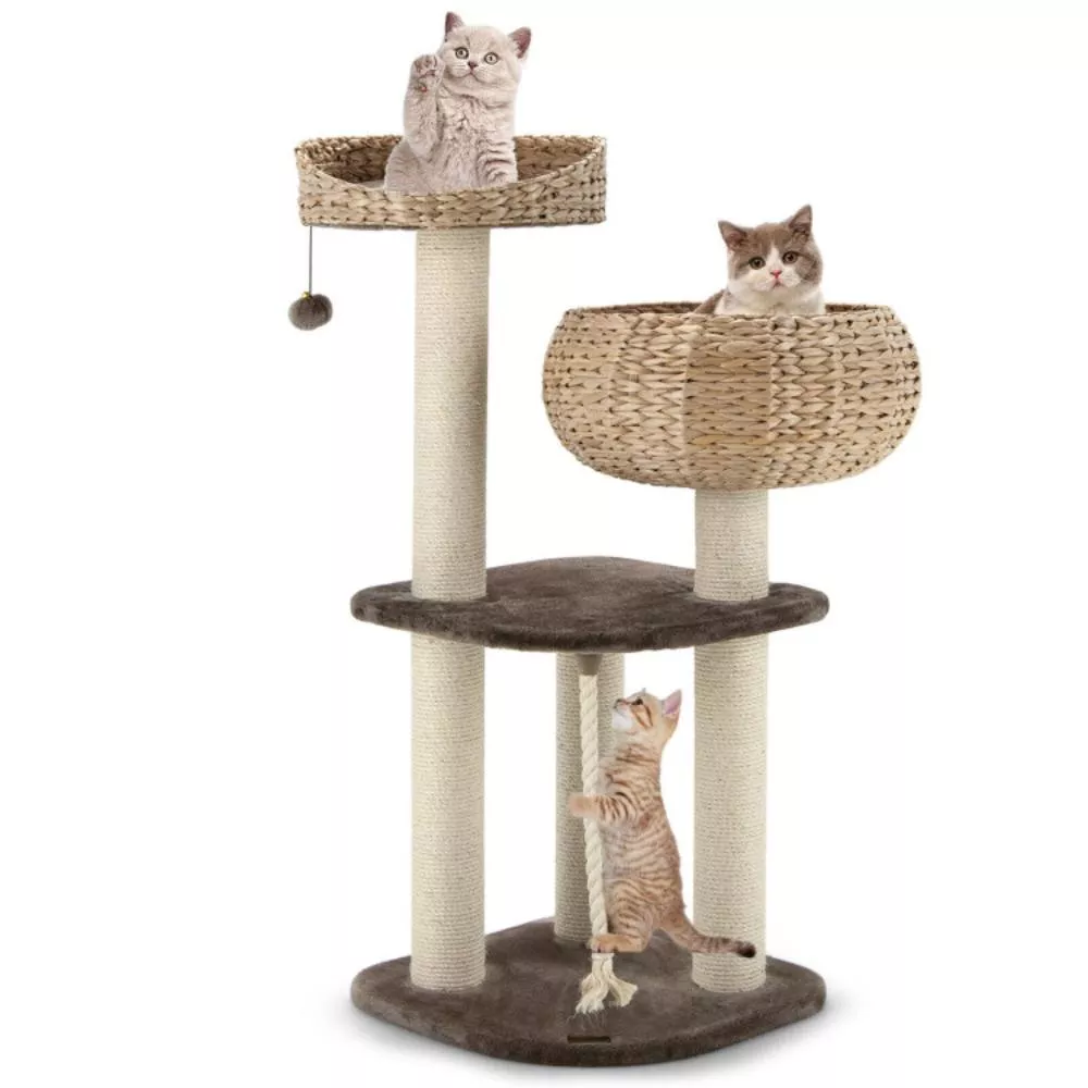 Hivvago 41 Inch Rattan Cat Tree with Napping Perch-Beige