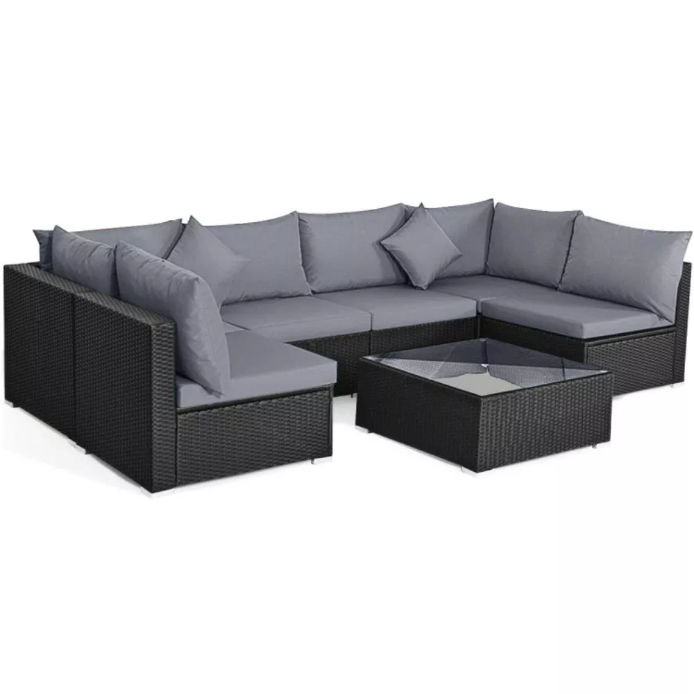 Hivvago 7 Pieces Sectional Wicker Furniture Sofa Set with Tempered Glass Top Coffee Table