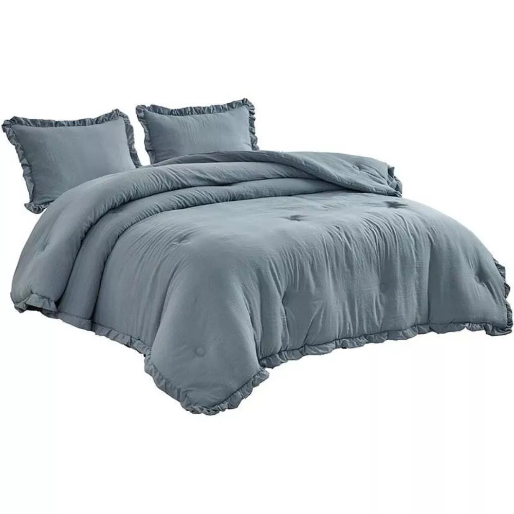 Hivvago King Oversized Blue Ruffled Edge Microfiber Comforter Set