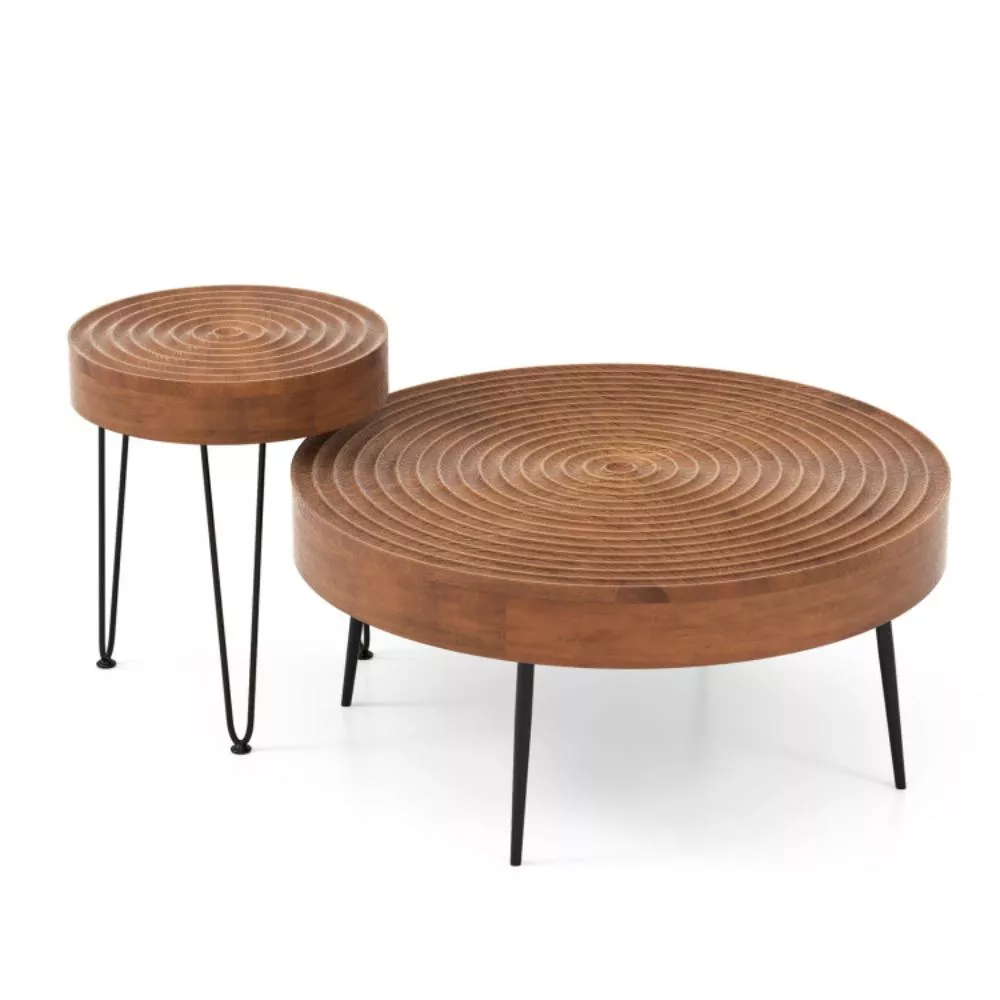 Hivvago Set of 2 Solid Wood Ring Pattern Farmhouse Round Coffee Tables