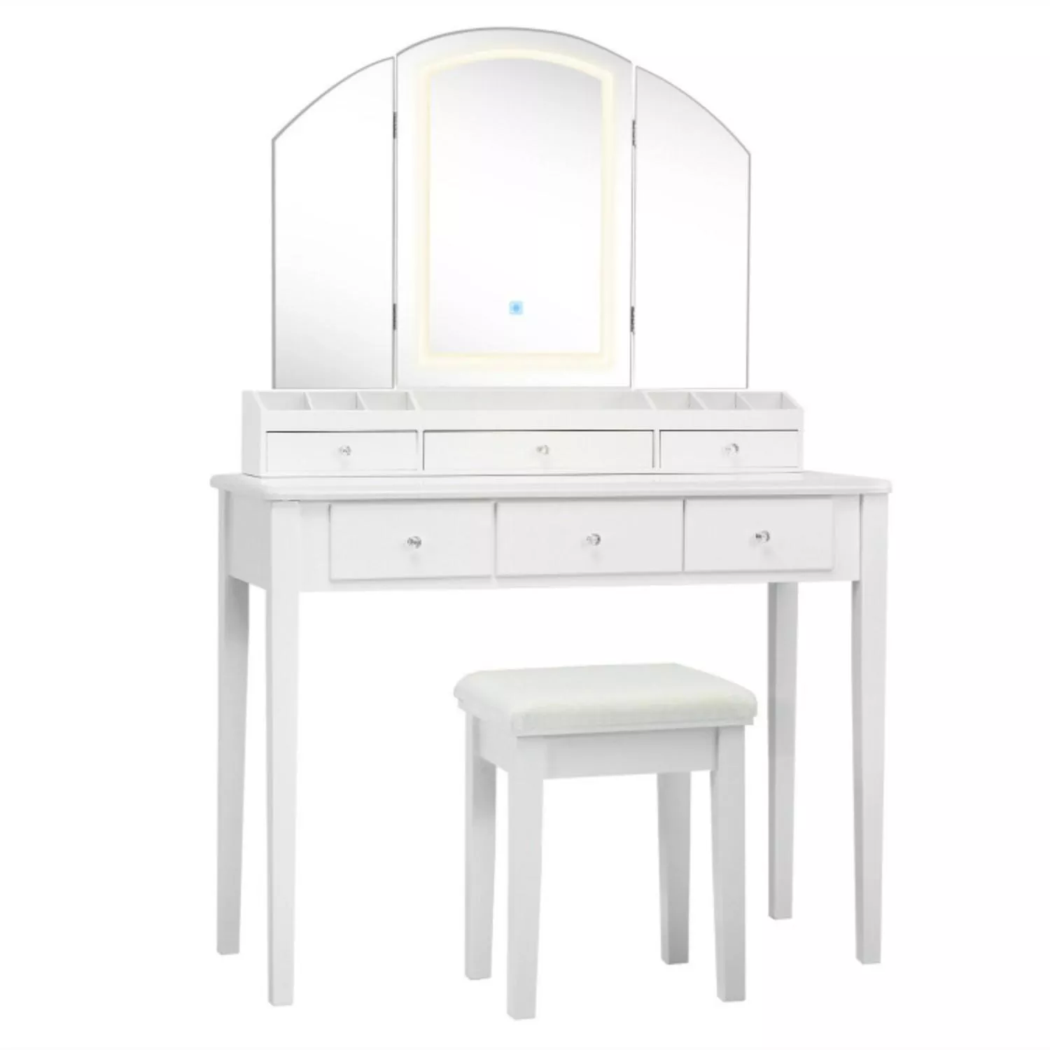 Hivvago Vanity Table Stool Set with Large Tri-folding Lighted Mirror