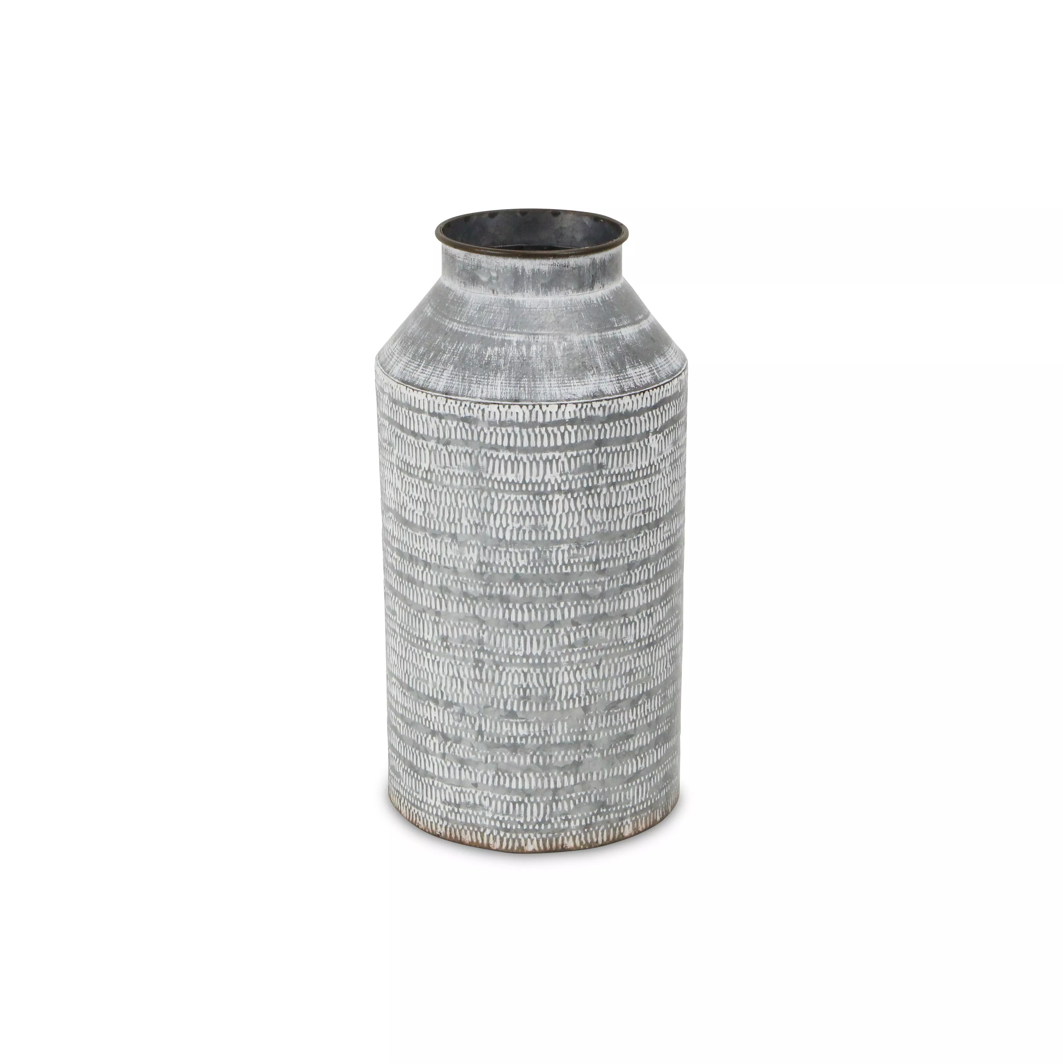 HomeRoots 13" Gray Galvanized Metal Geometric Patterned Jug Vase