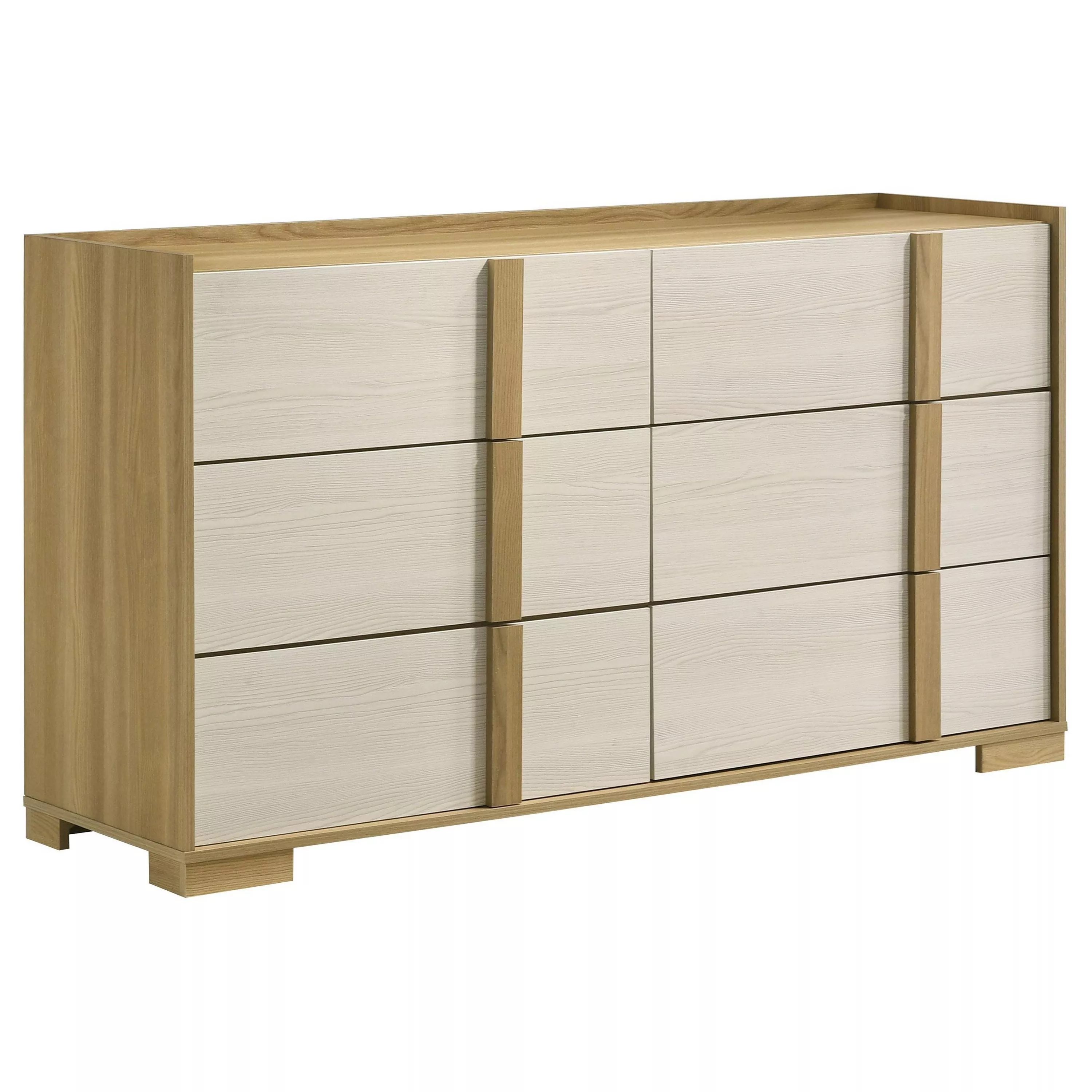 Hyle Wide Dresser, 6 Drawers, Modern Natural Brown and White Finish - Benzara