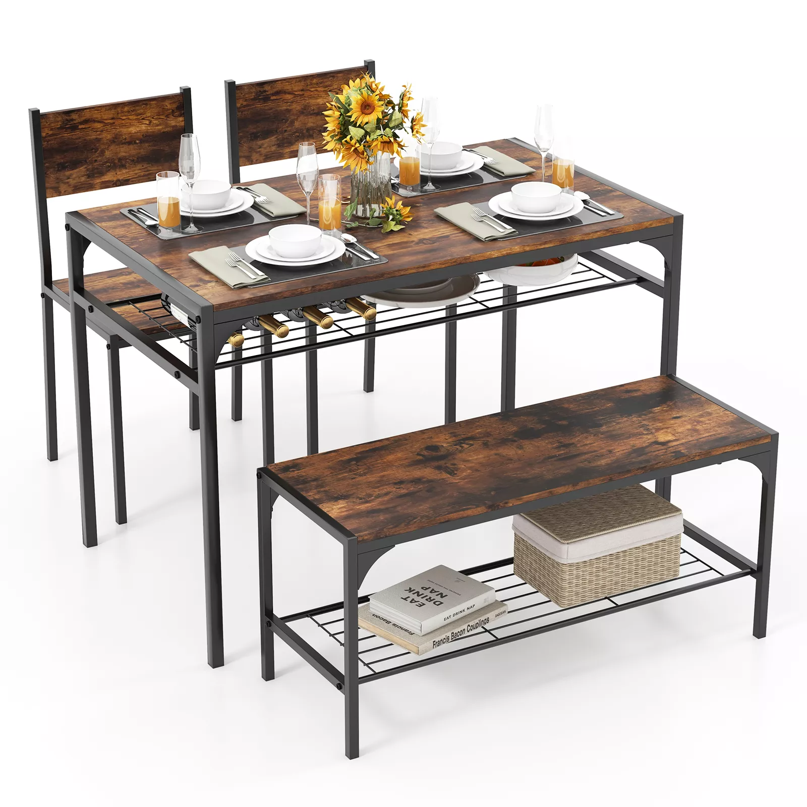 Industrial Style Kitchen Table Set with Bench and Chairs for Rustic Dining Room Decor