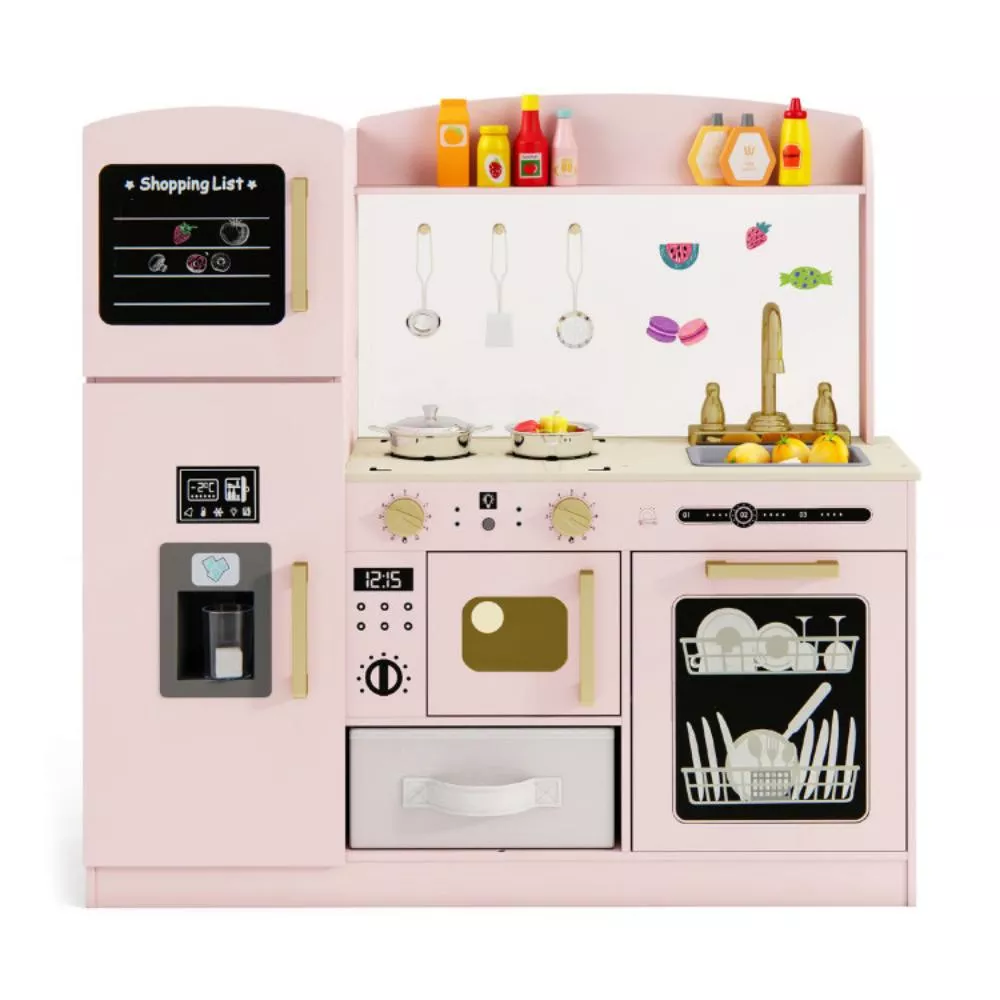 Interactive Kids Kitchen Playset with Chalkboard, Ice Maker, Sink, and Lighted Microwave