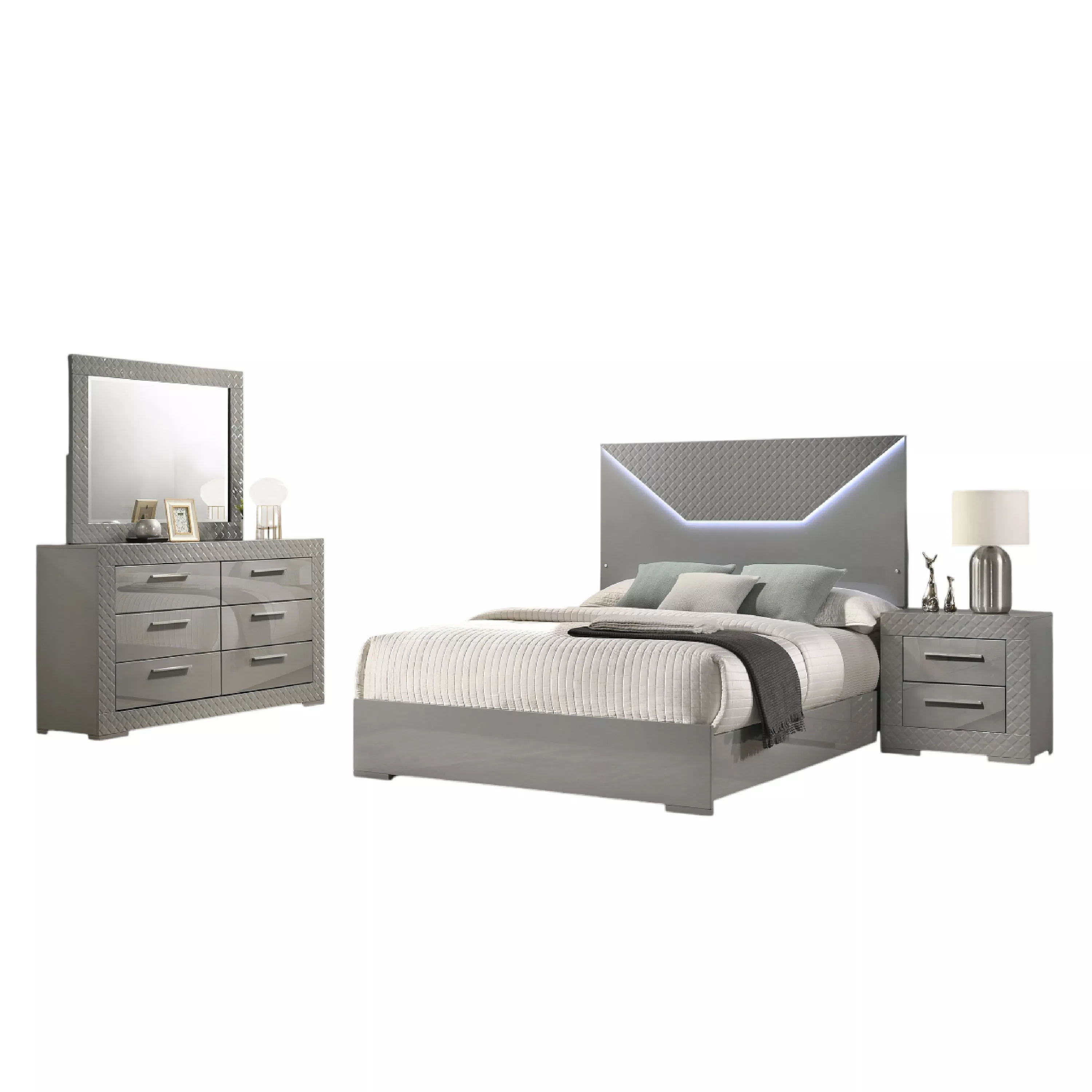Ivon 4pc Queen Bedroom Set, Diamond Embossed, Gray High Gloss, LED