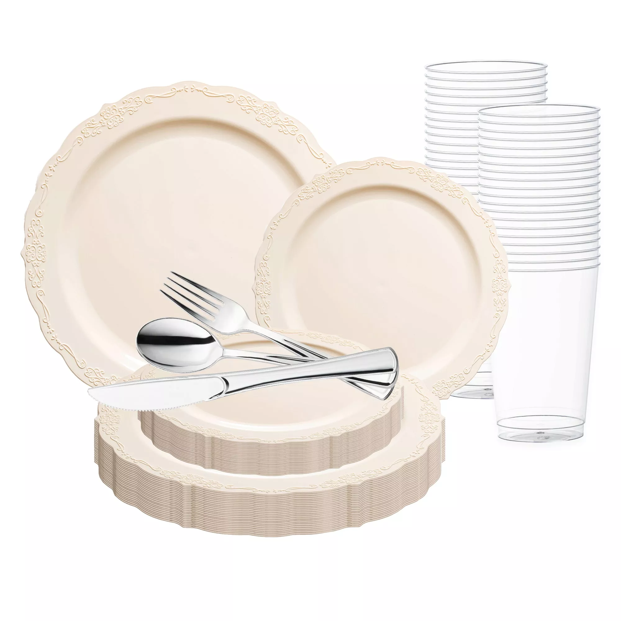 Ivory Vintage Round Plastic Wedding Value Set (30 Sets)