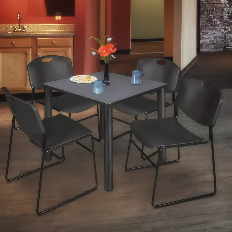 Kee 36" Square Breakroom Table- Grey/ Black & 4 Zeng Stack Chairs- Black