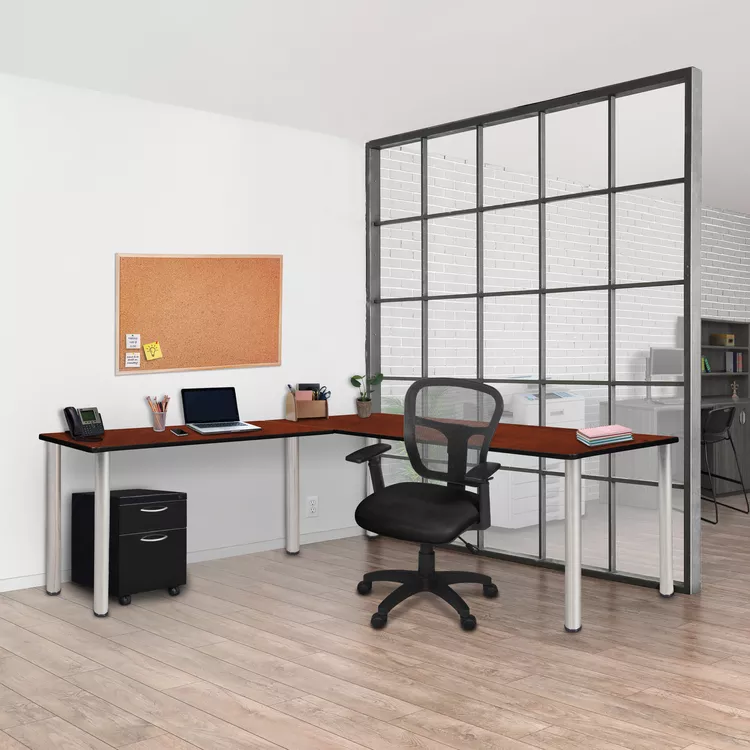 Kee 60" Single Pedestal L-Desk with 42" Return, Cherry/Chrome