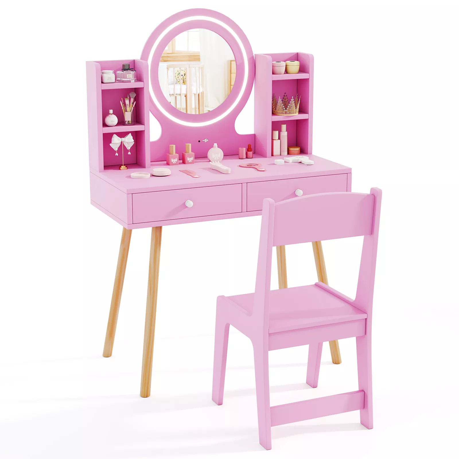 Kids Vanity Set with Lighted Mirror and Storage Drawers