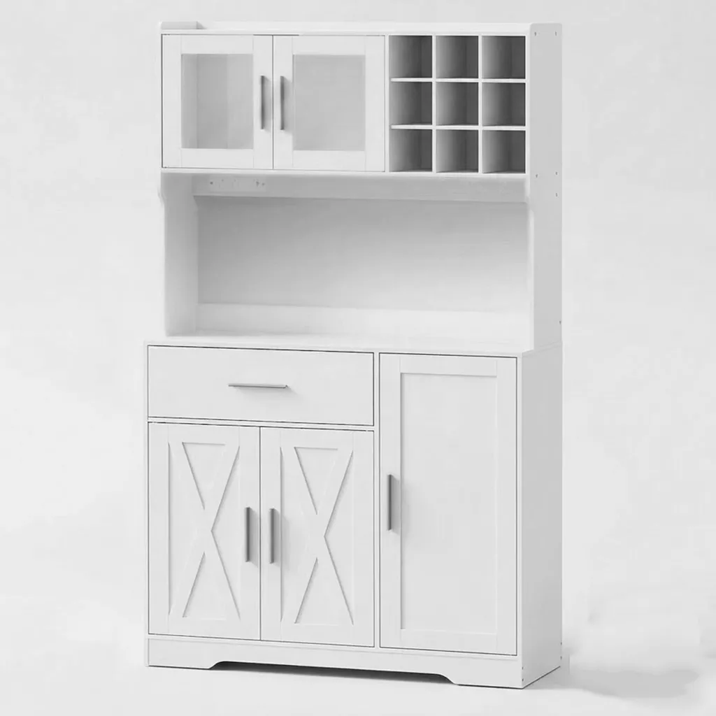 Kitchen Cabinet Pantry with Power Charging Station and Multi-Shelf Storage-White