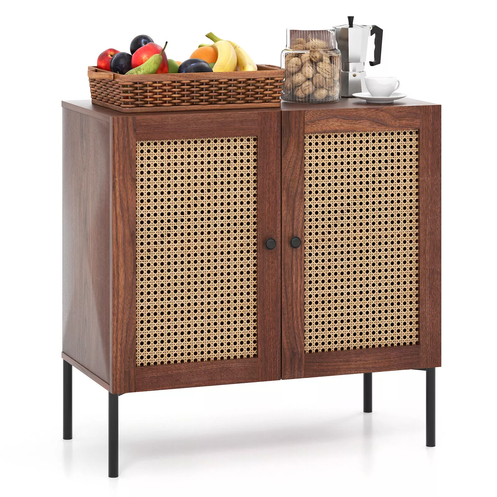 Kitchen Sideboard with 2 Rattan Doors and Adjustable Shelf