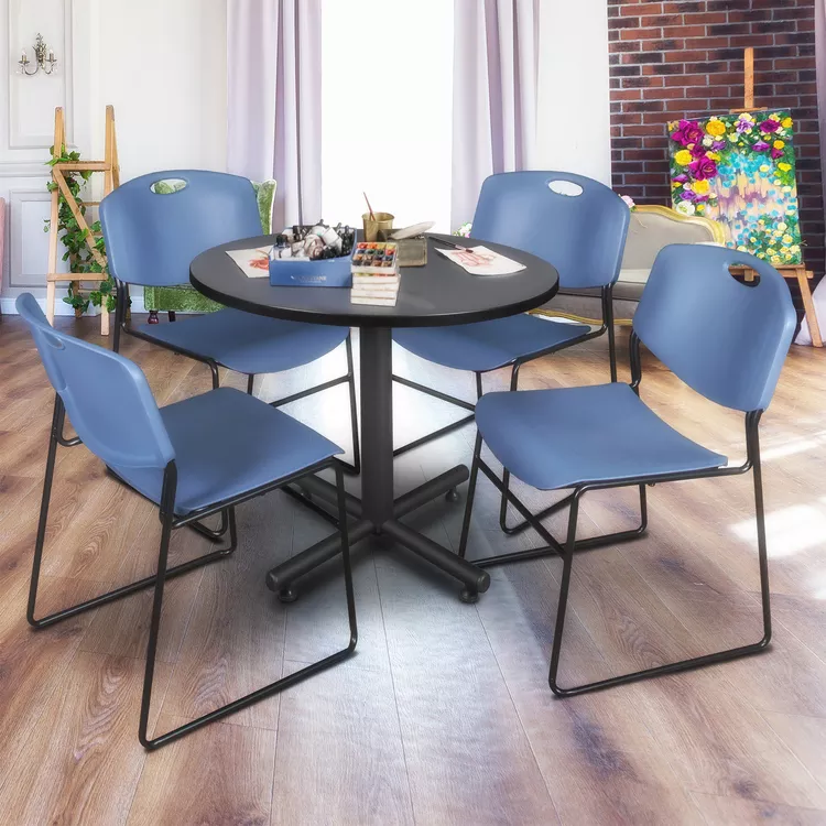 Kobe 42" Round Breakroom Table- Grey & 4 Zeng Stack Chairs- Blue