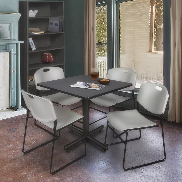 Kobe 42" Square Breakroom Table- Grey & 4 Zeng Stack Chairs- Grey