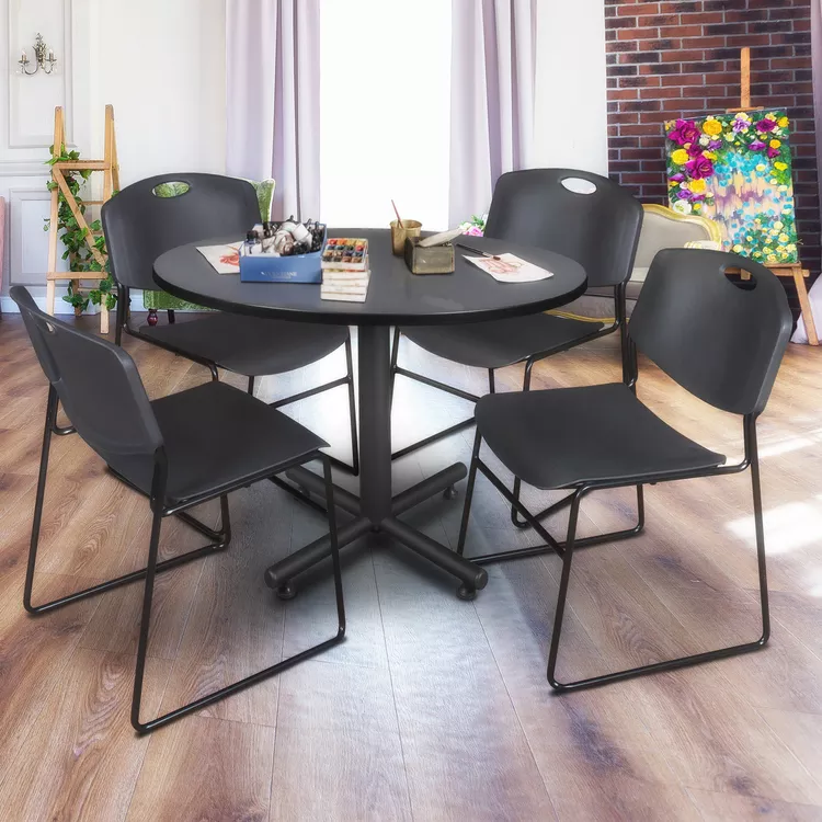 Kobe 48" Round Breakroom Table- Grey & 4 Zeng Stack Chairs- Black