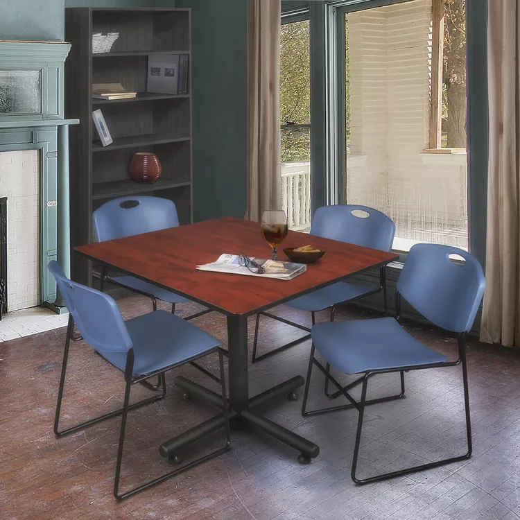 Kobe 48" Square Breakroom Table- Cherry & 4 Zeng Stack Chairs- Blue