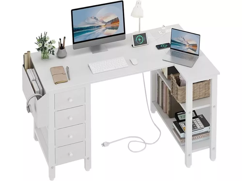 L‑Shaped Desk – 47" White Computer Table with Drawers, Shelves & Power Outlet