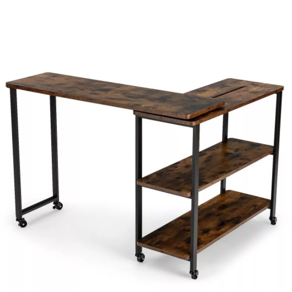Large 360-Degree Free Rotating Sofa Side Table with Wheels and Storage Shelf-Rustic Brown