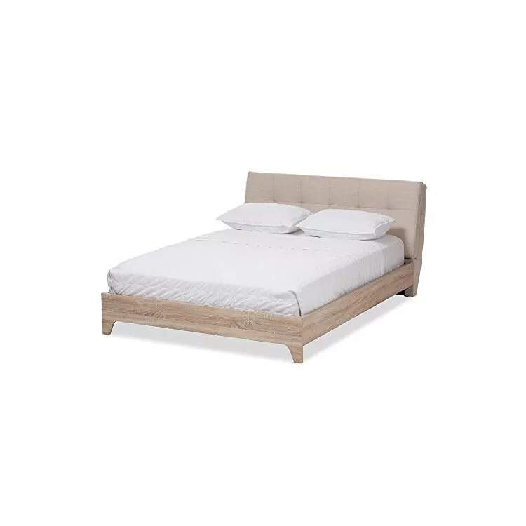 Light Beige Whitewash Queen Size Platform Bed Mid Century Style - WholeSale Interiors