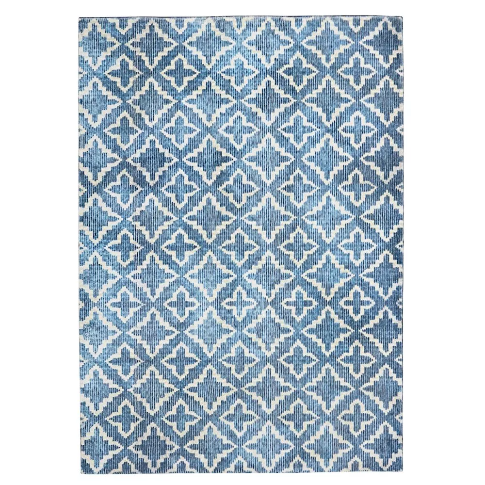 Linon Motif Printed Faux Rabbit Linear Blue White, Rug
