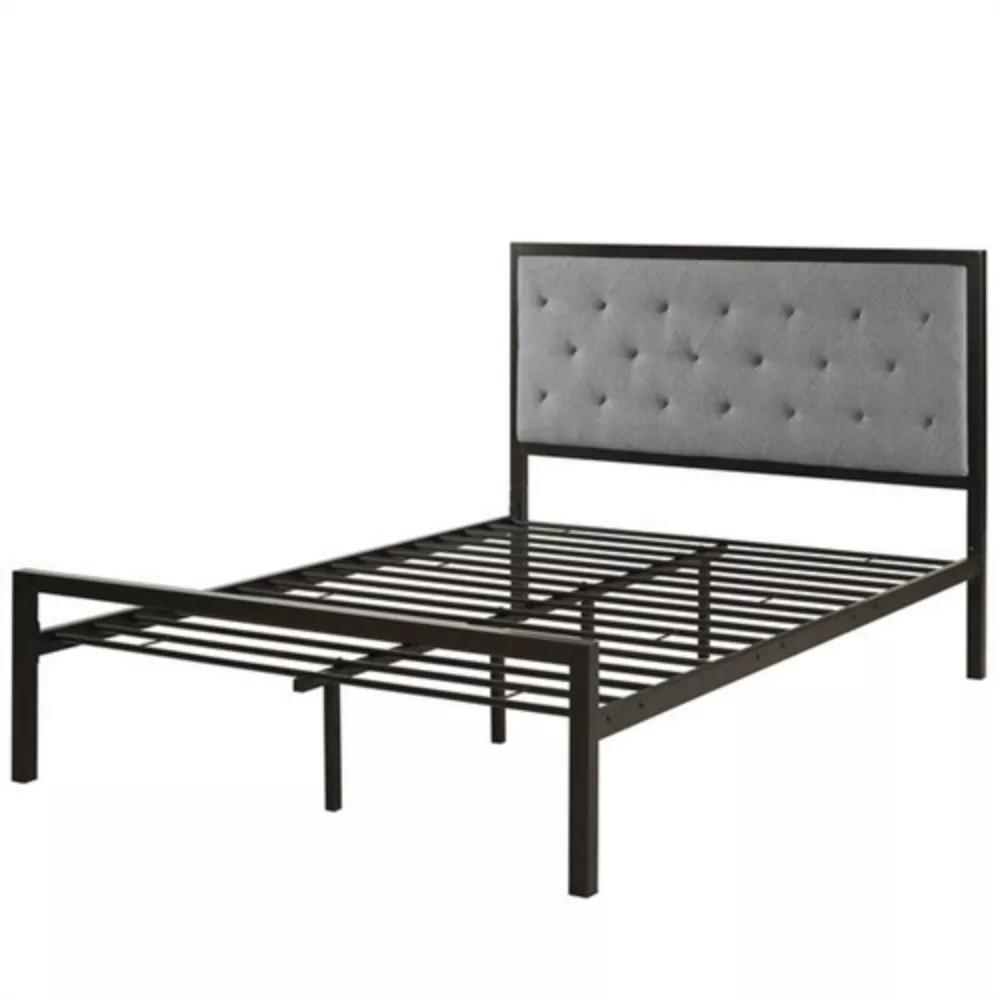 Low Profile Metal Bed Frame – Contemporary Upholstered Headboard with Slat Base