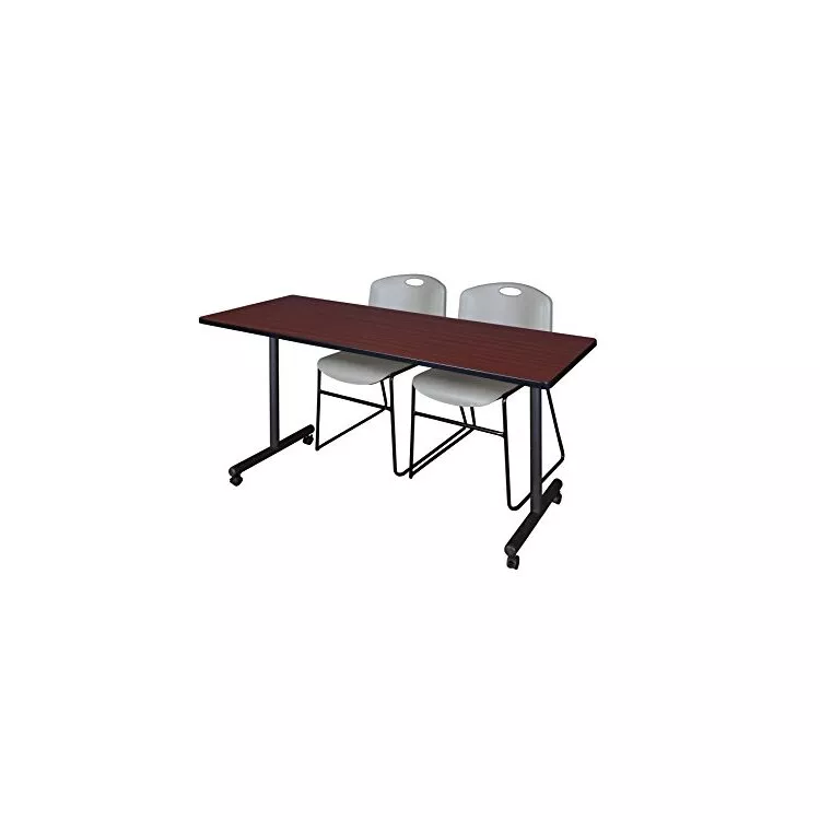 Mahogany Mobile Training Table 66 x 24 with 2 Stack Chairs Grey - Regency Seating