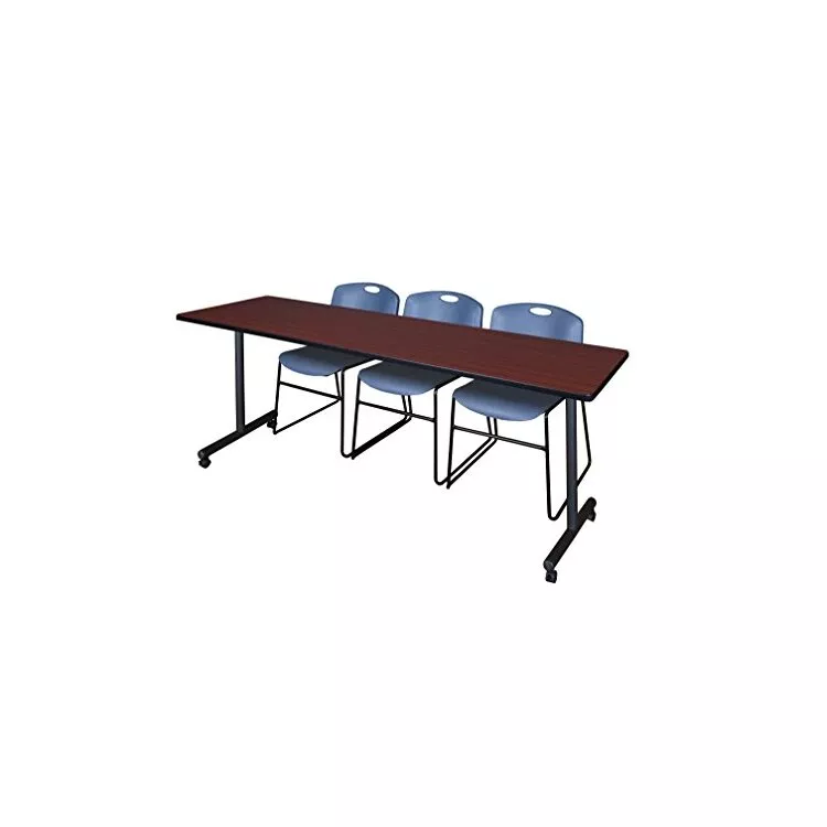 Mahogany Mobile Training Table & Blue Stack Chairs Set - 84 x 24 Inch - Regency Seating