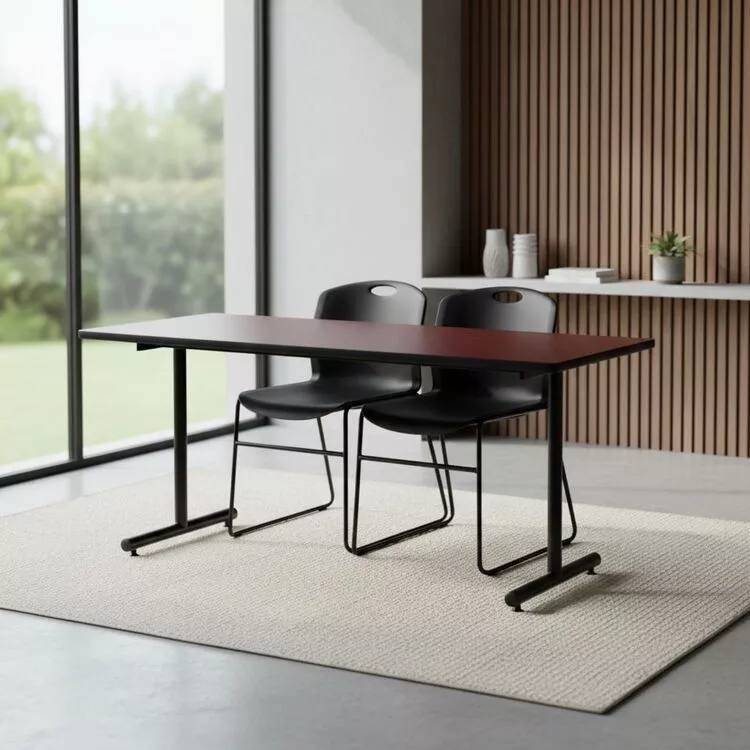 Mahogany Training Table 66 x 24 & Black Stack Chairs Set - Regency Seating