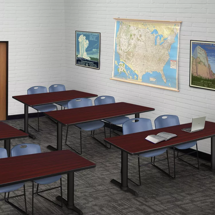 Mahogany Training Table & Blue Stack Chairs Set, 60 x 24, Adjustable Height - Regency Seating