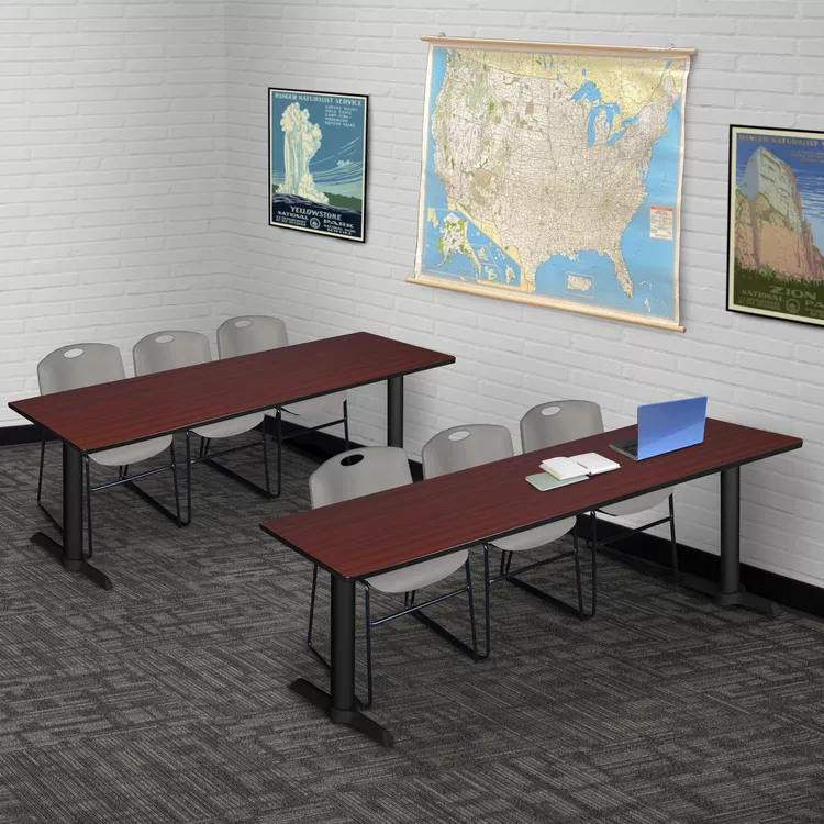 Mahogany Training Table & Grey Stack Chairs Set, 84 x 24, 3 Seater - Regency Seating