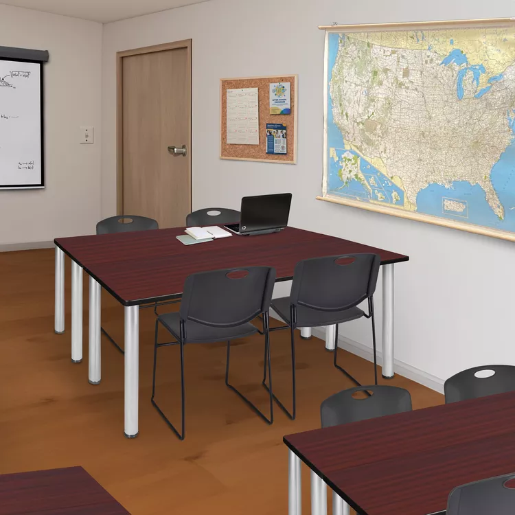 Mahogany Training Tables 66 x 24 Chrome Frame & Black Stack Chairs - Regency Seating