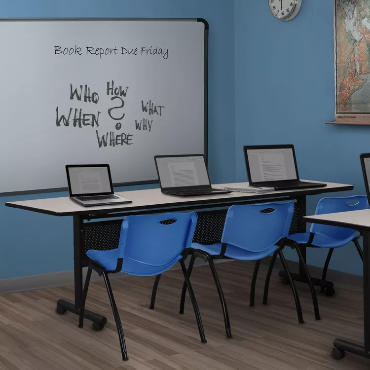 Maple Flip Top Mobile Training Table Modesty Panel 84x24in Stack Chairs Blue - Regency Seating