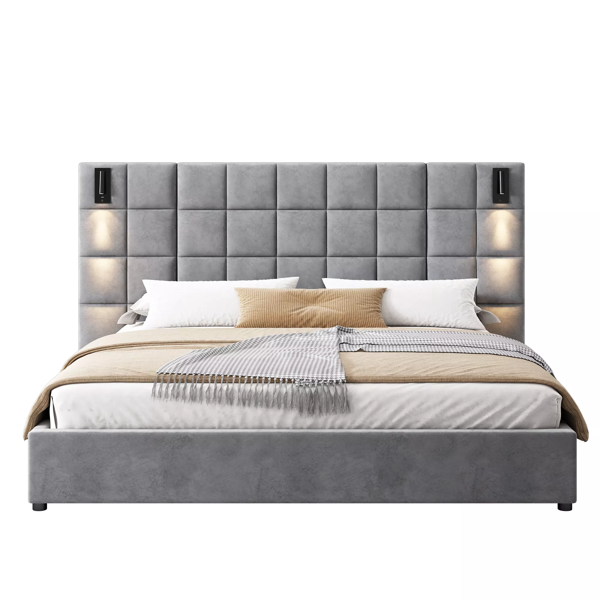 Merax Luxurious Upholstered Bed with Adjustable Reading Lamp & USB Port