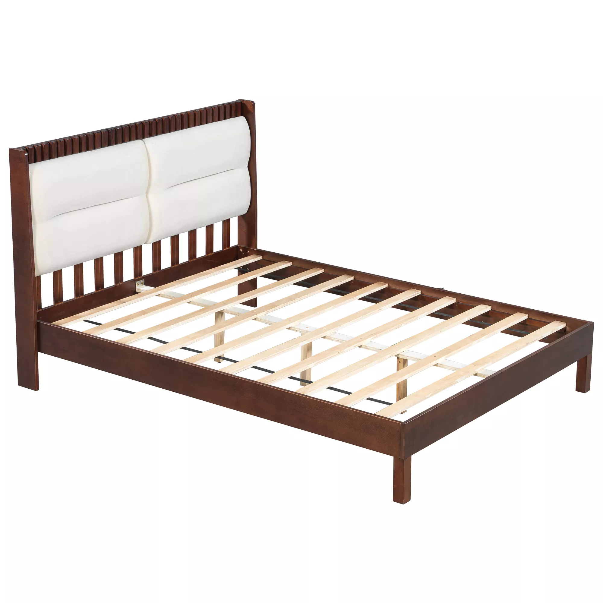 Merax Solid Wood Platform Bed Frame with Beige Velvet Upholstered Headboard
