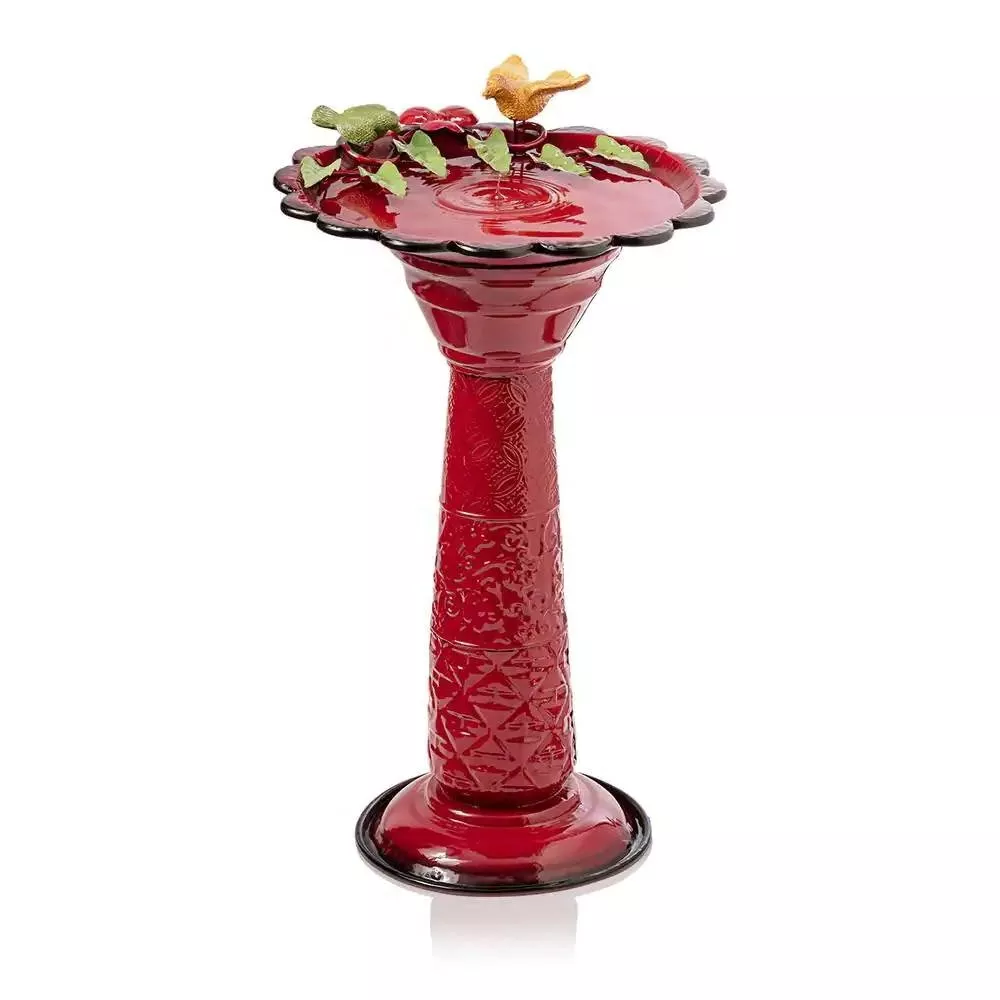 Metal Garden Patio Birdbath with Bird and Leaf Figurines for Outdoor Decor