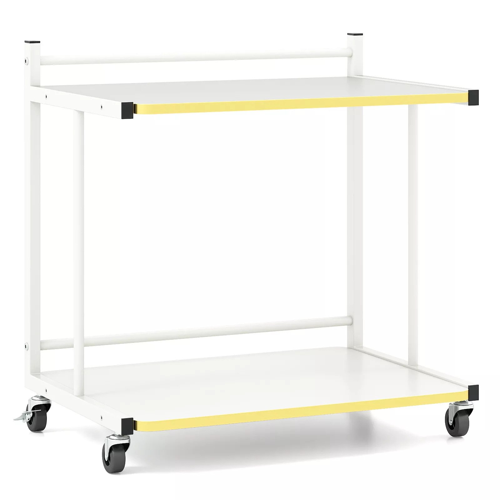 Mobile 2 Tier End Table with Rolling Wheels, Open Shelves and Golden Edges-White