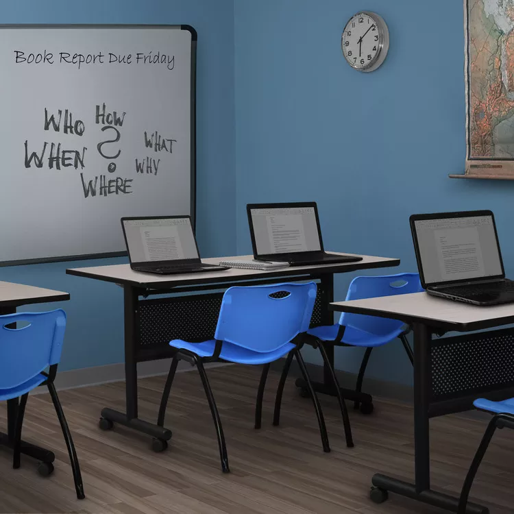 Mobile Flip Top Training Table 72x24 Maple Modesty Panel & Stack Chairs Blue - Regency Seating