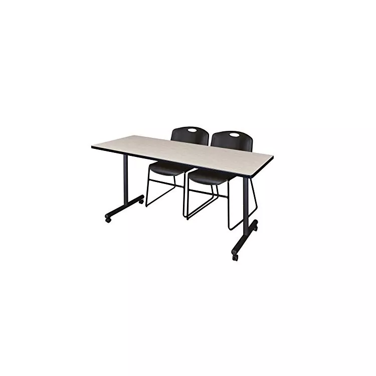 Mobile Training Table Maple 66 x 24 with 2 Stack Chairs Black - Regency Seating