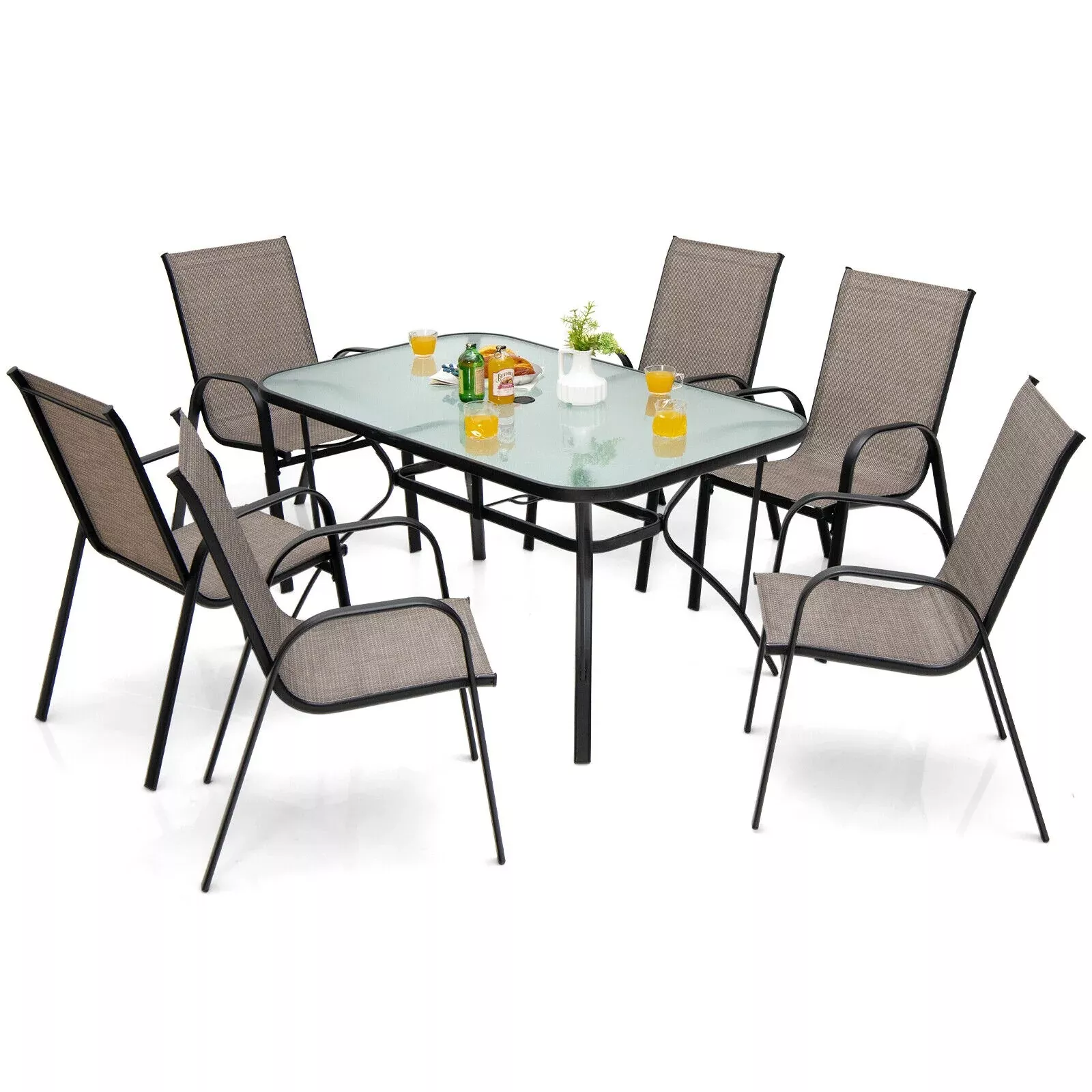 Mondawe 7Pcs Outdoor Dining Set,55" Rectangular Table With Umbrella Hole&6 Stackable Fabric Chairs
