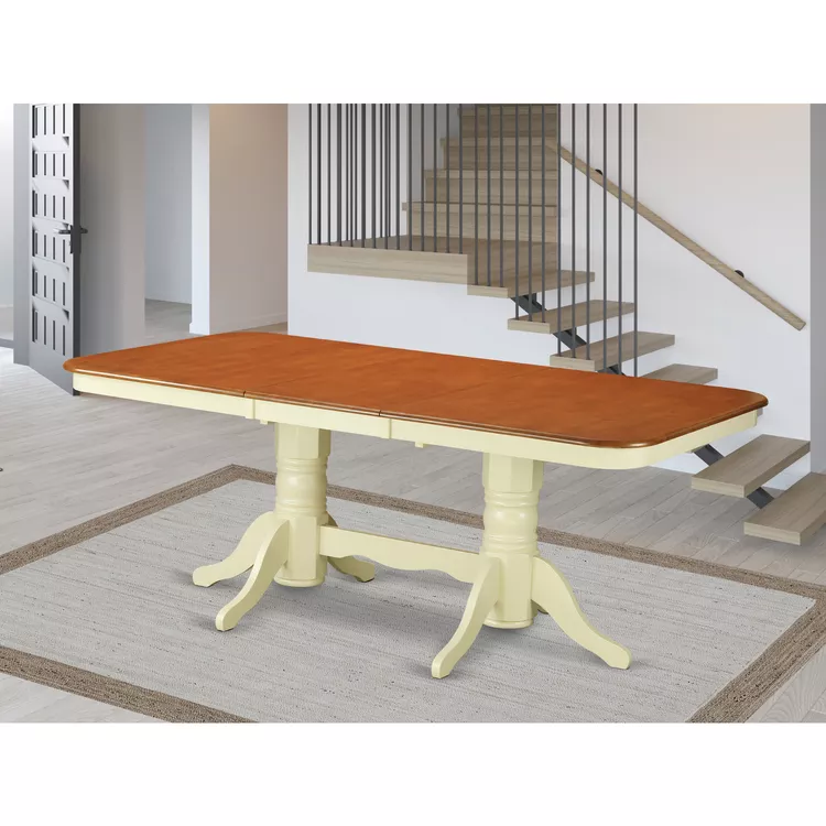 Napoleon rectangular round corner dining table with 17 in self storage leaf finish in Buttermilk & Cherry