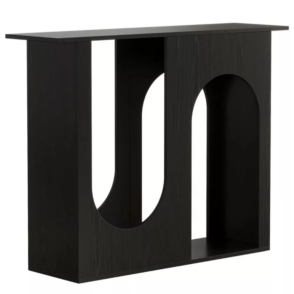 Narrow Black Sofa Console Table Behind Couch with Arched Frame