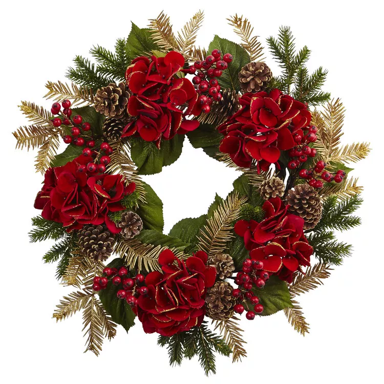 Nearly Natural 24in. Hydrangea Pine Wreath