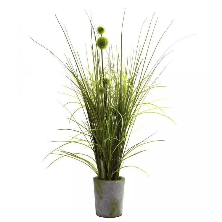 Nearly Natural Grass & Dandelion with Cement Planter