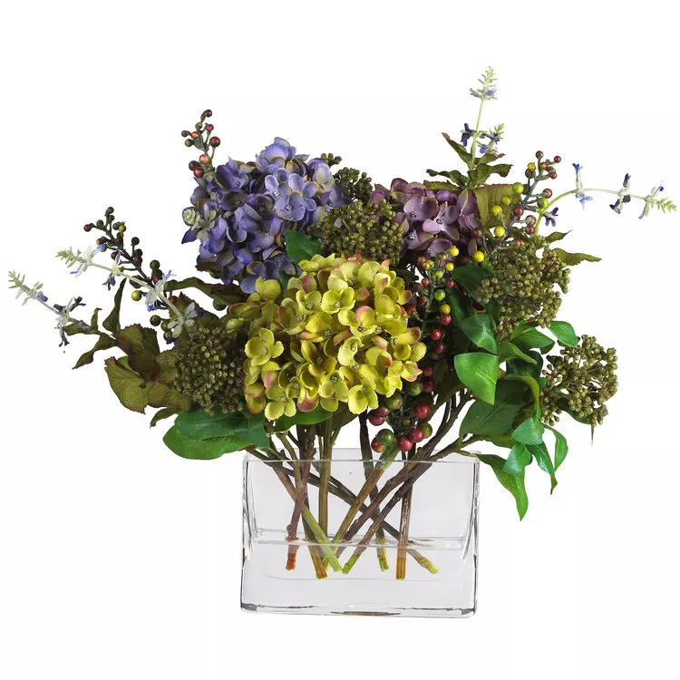 Nearly Natural Mixed Hydrangea with Rectangle Vase Silk Flower Arrangement