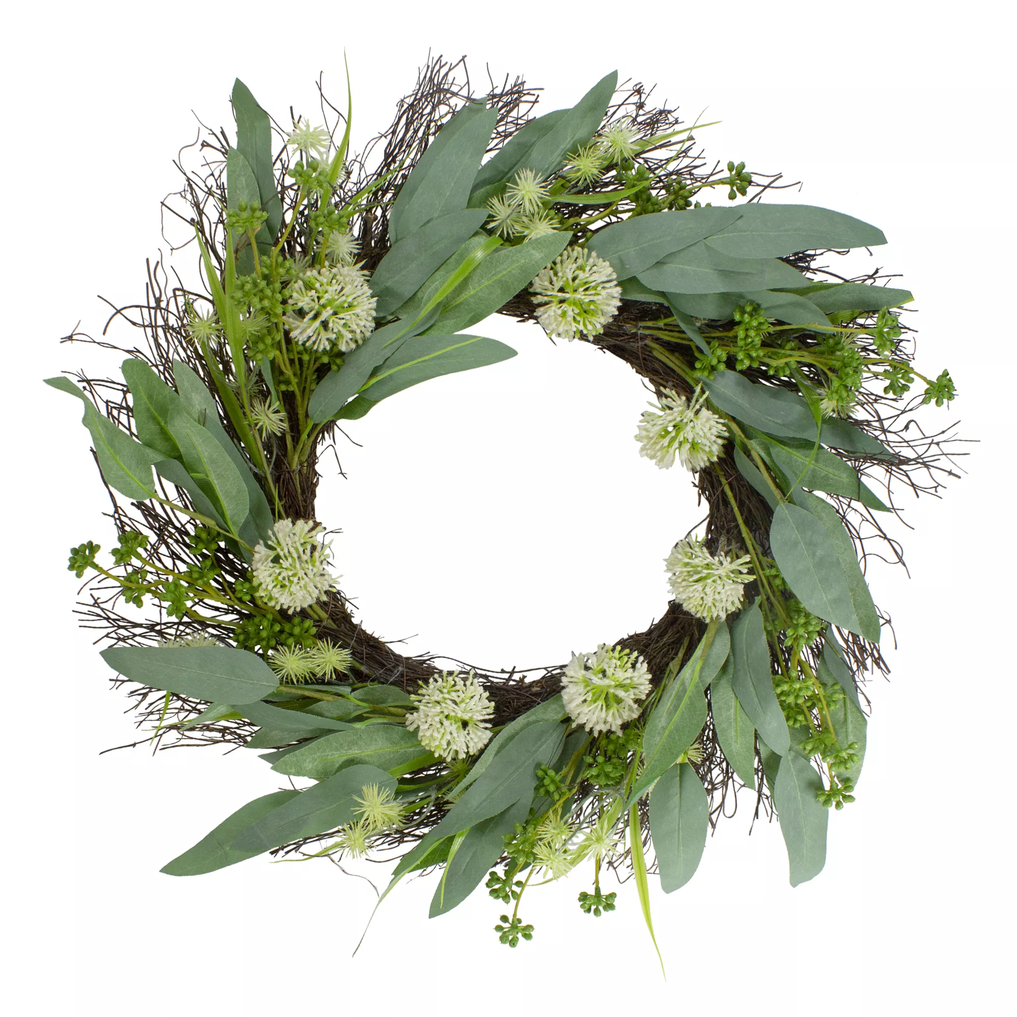 Olive Leaf and Floral Twig Spring WreathGreen and White 23"