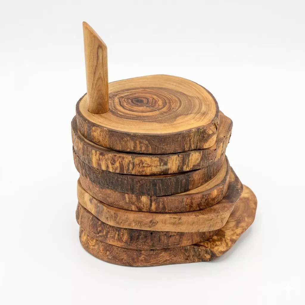 Olive Wood Coaster Set with Holder -7 Pcs