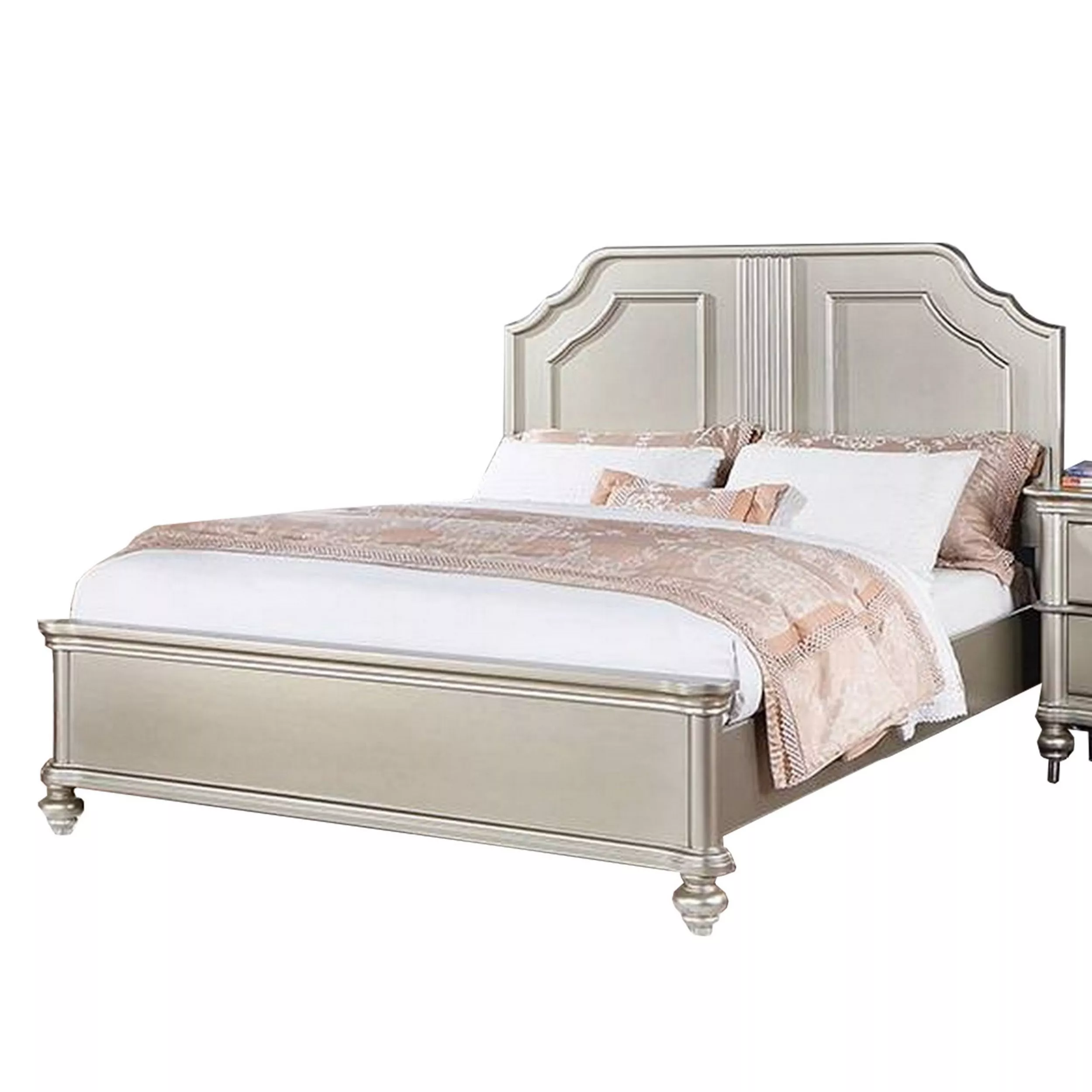 Opp Platform King Size Bed with Curved Panel Headboard, Champagne Silver - Benzara