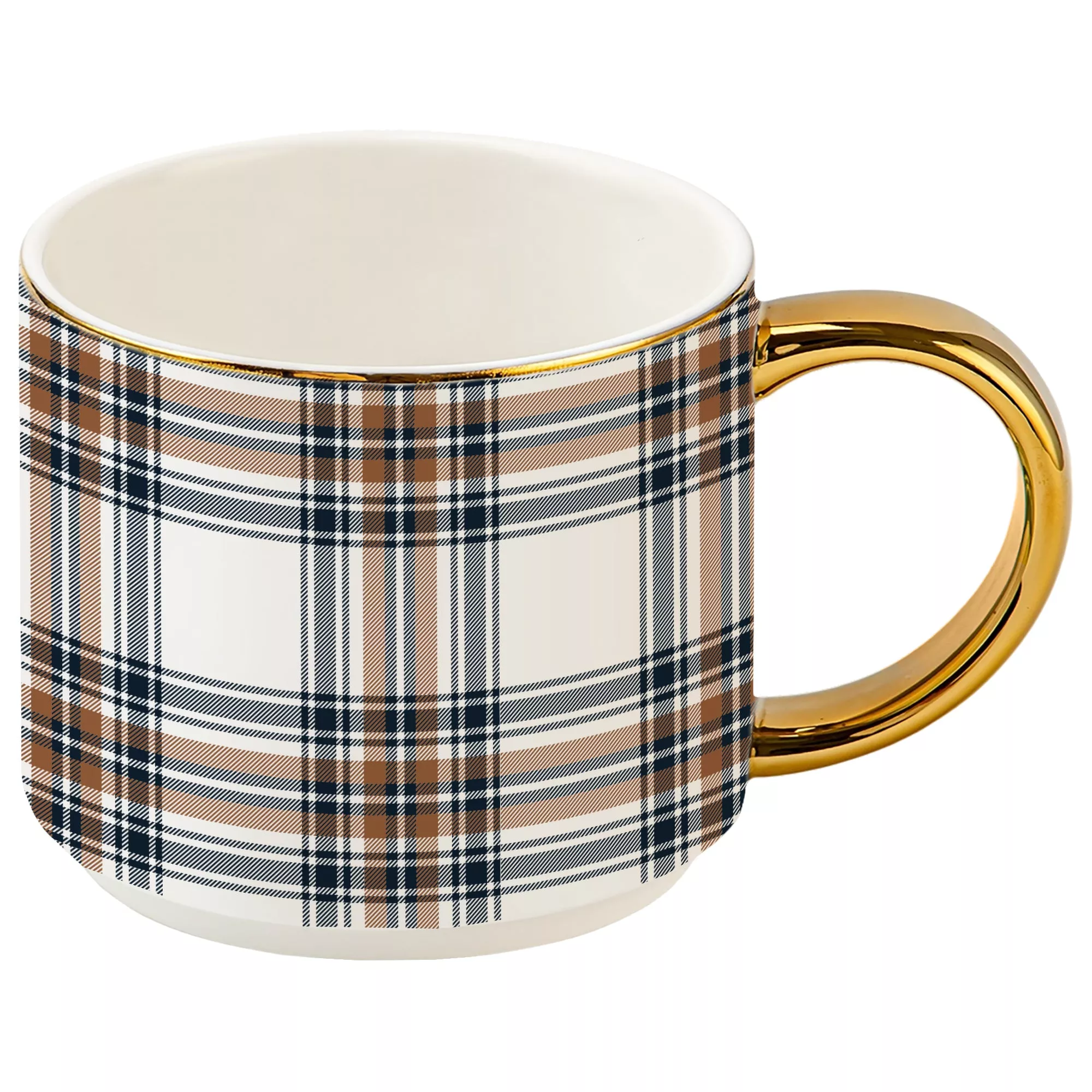 Orange Navy Plaid 14 oz Gold Handle Coffee Mug