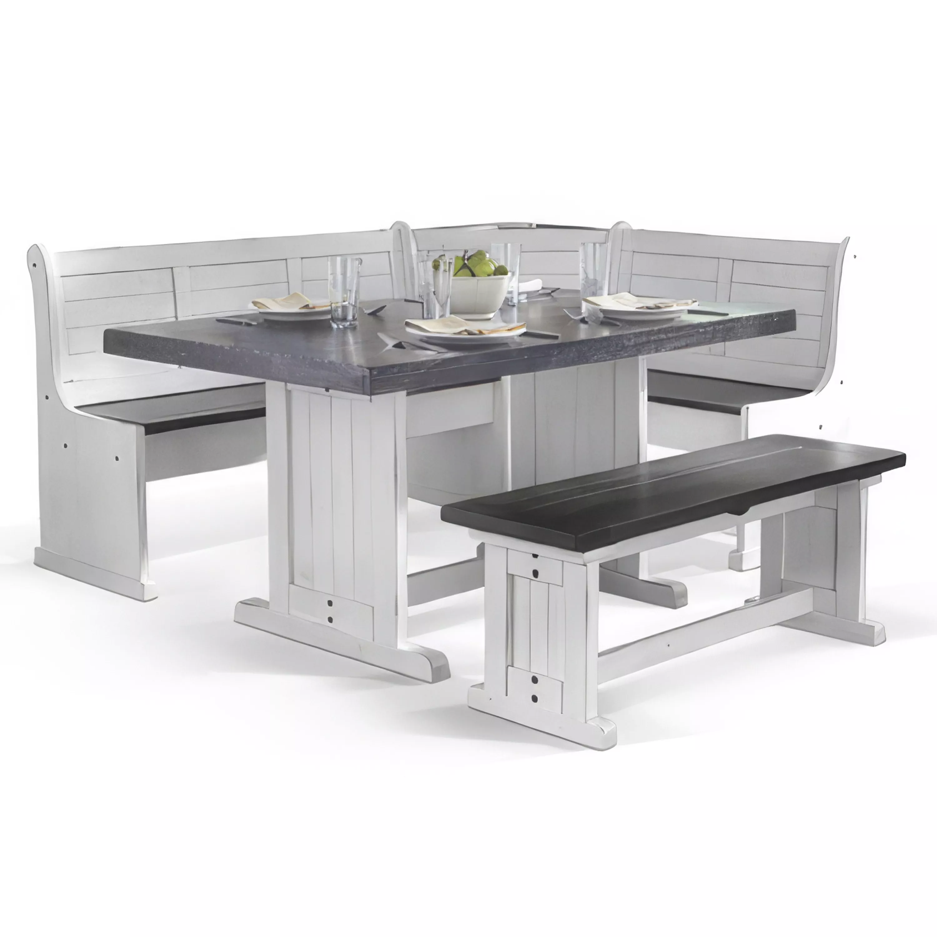 Orso 4pc Breakfast Nook Dining Table Set, Corner Bench, White Brown