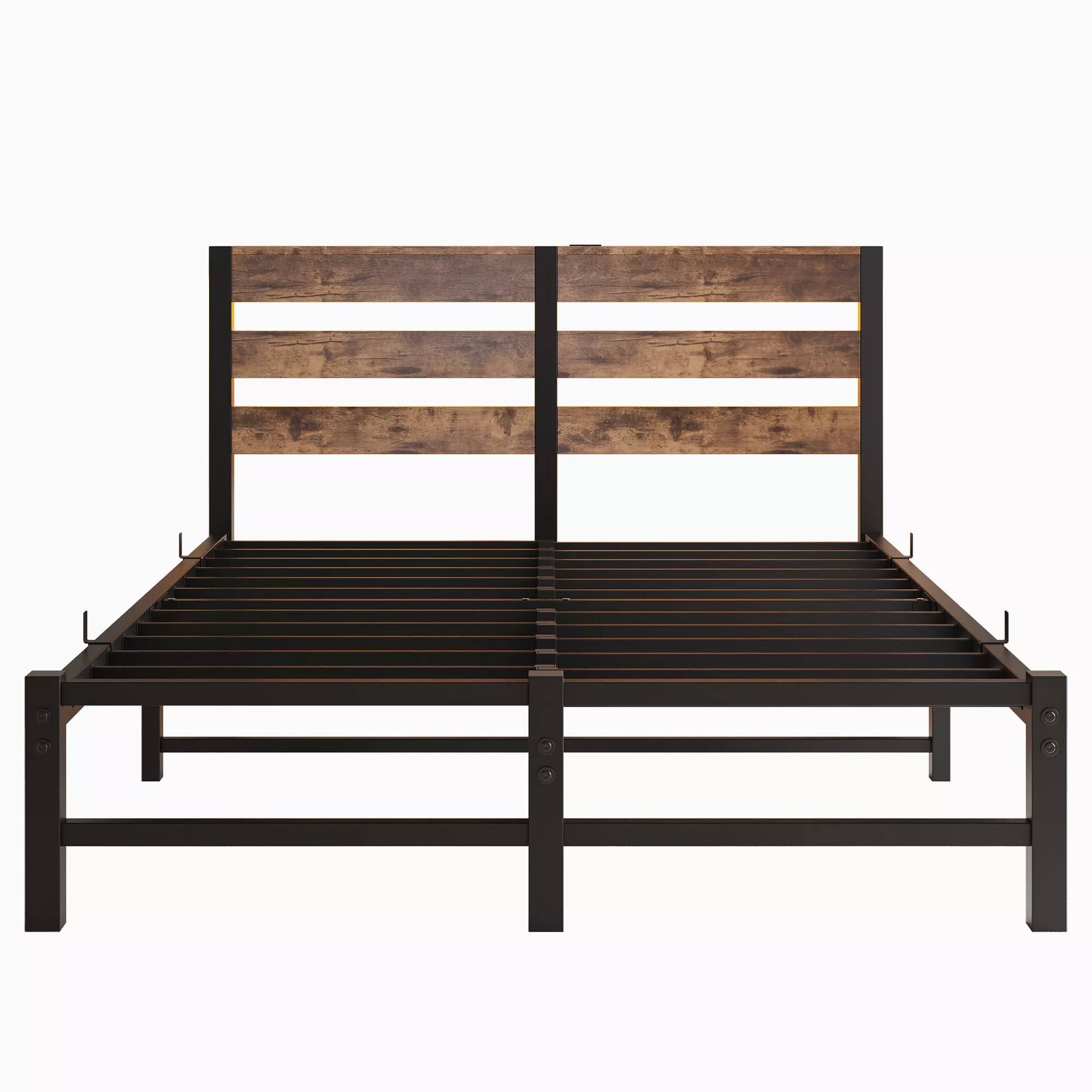 Platform Bed Frame with LED Lights & USB Charging Station, Rustic Wood Headboard, No Box Spring Needed